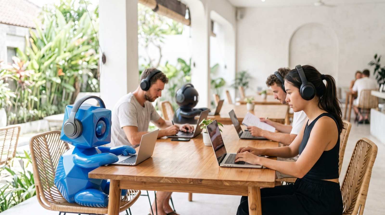 A blue robot in headphones codes on a laptop alongside makers in headphones at a long wooden table in a bright Bali co-working space